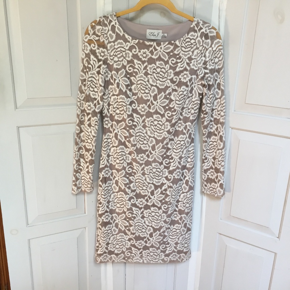 Eliza J Beige and White Lace Midi Dress